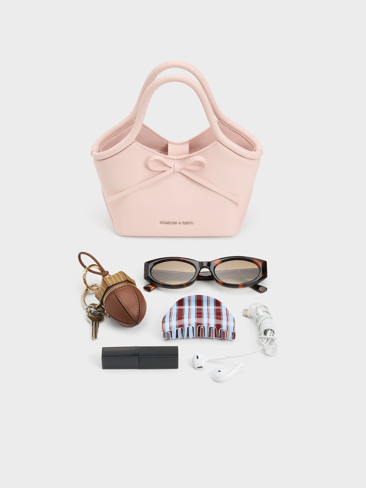 CHARLES & KEITH Essential / Hazel Bow Tubular Top Handle Bag - Soft Pink