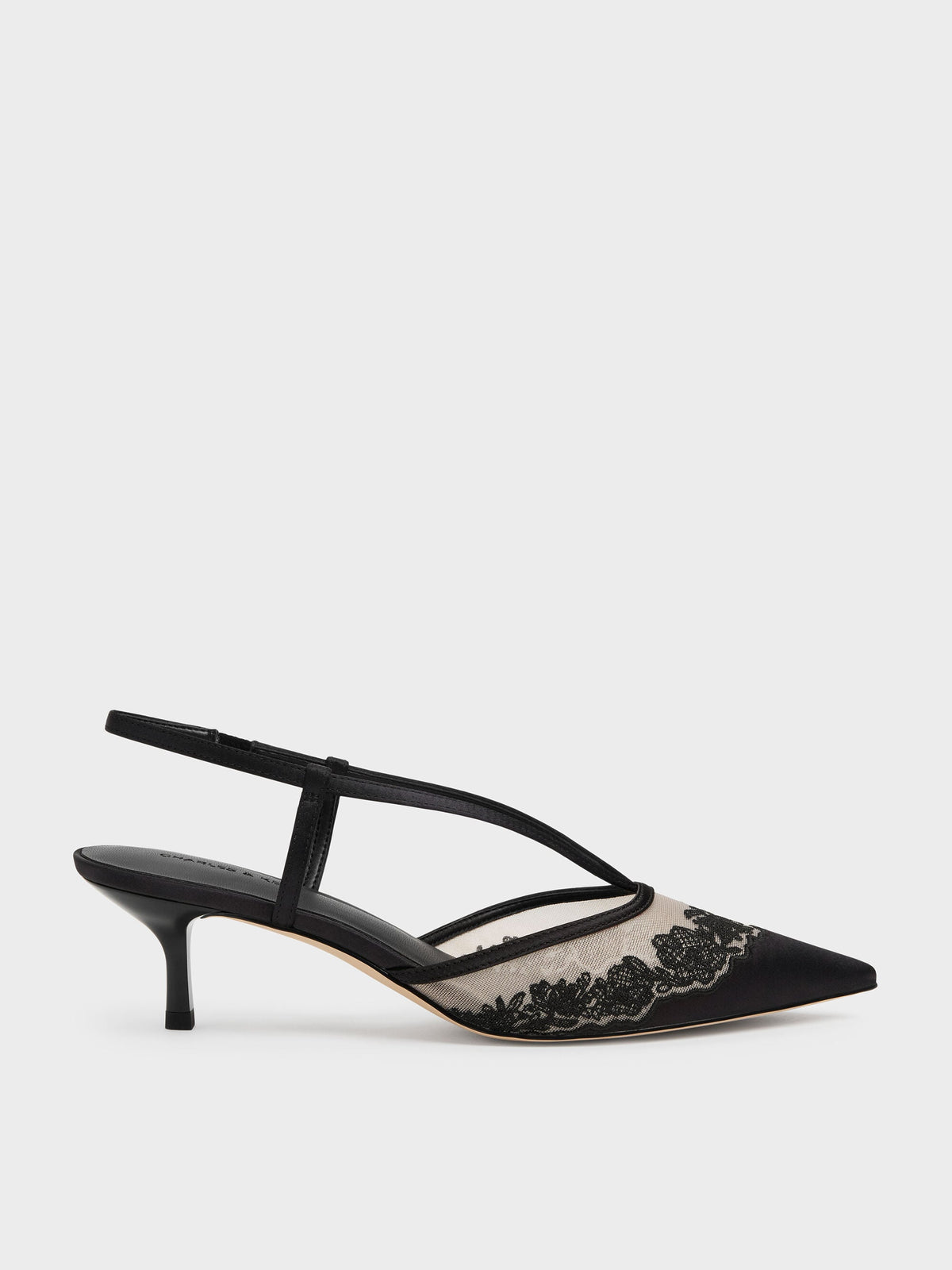CHARLES & KEITH Everyday / Satin Embroidered-Mesh Slingback Kitten Heels - Black Textured