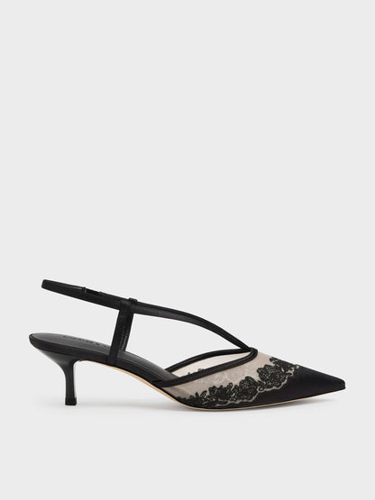 CHARLES & KEITH Everyday / Satin Embroidered-Mesh Slingback Kitten Heels - Black Textured