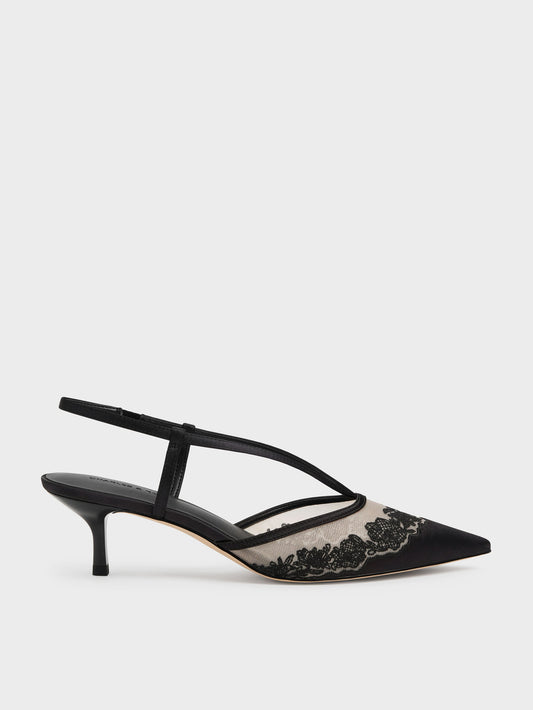 CHARLES & KEITH Everyday / Satin Embroidered-Mesh Slingback Kitten Heels - Black Textured