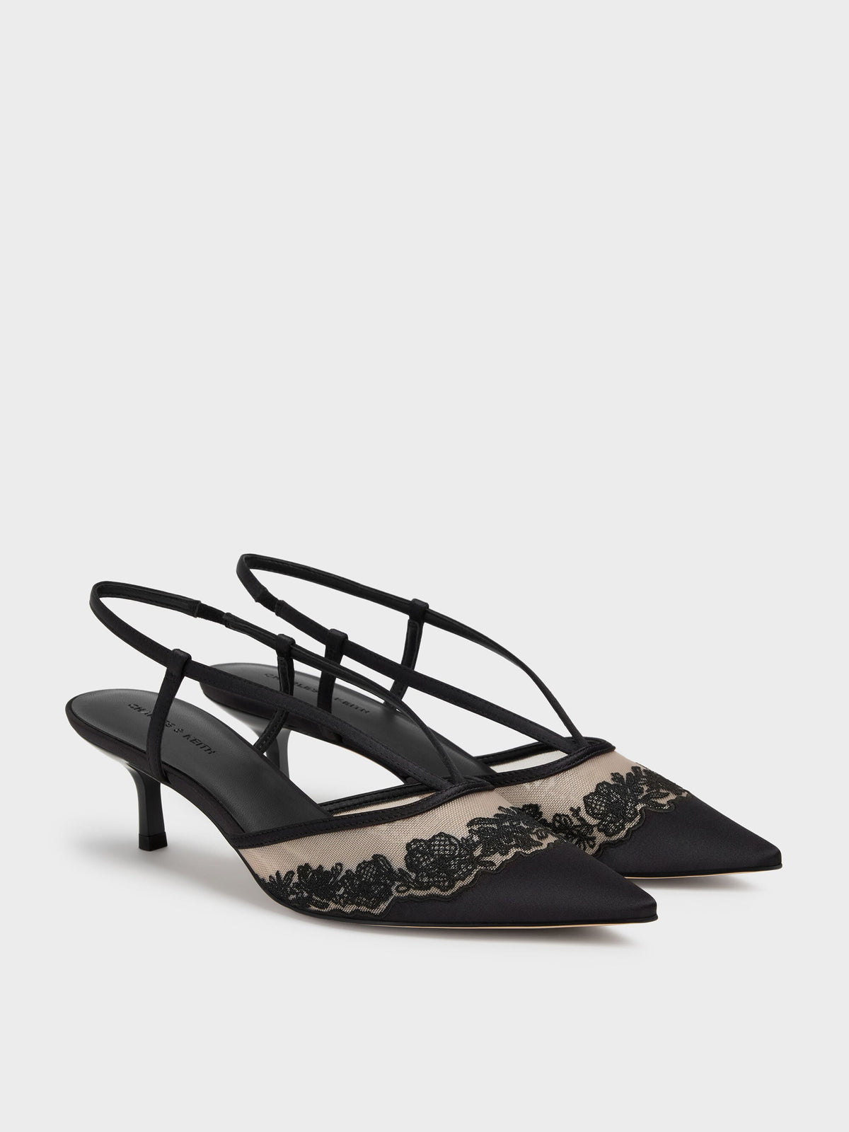 CHARLES & KEITH Everyday / Satin Embroidered-Mesh Slingback Kitten Heels - Black Textured