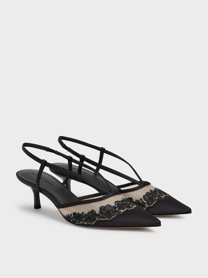 CHARLES & KEITH Everyday / Satin Embroidered-Mesh Slingback Kitten Heels - Black Textured