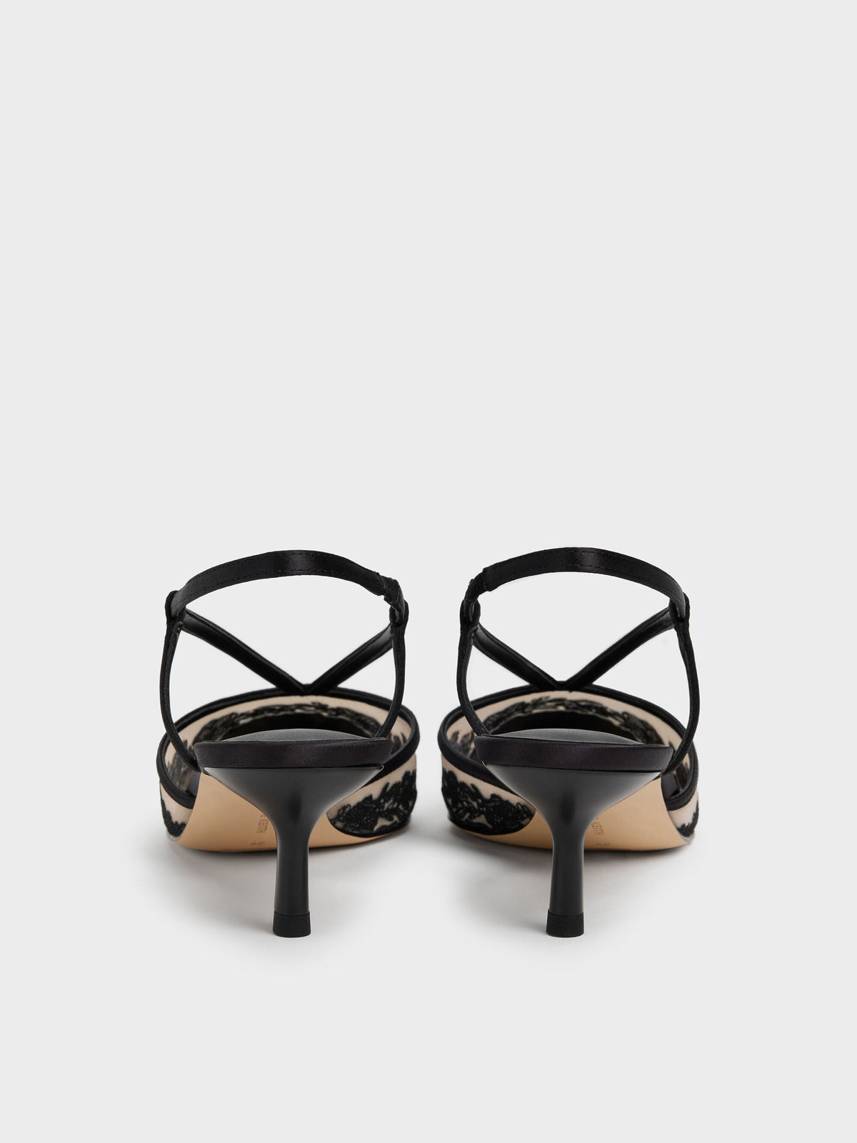 CHARLES & KEITH Everyday / Satin Embroidered-Mesh Slingback Kitten Heels - Black Textured