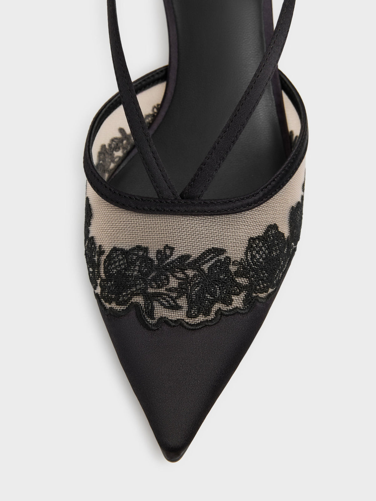 CHARLES & KEITH Everyday / Satin Embroidered-Mesh Slingback Kitten Heels - Black Textured