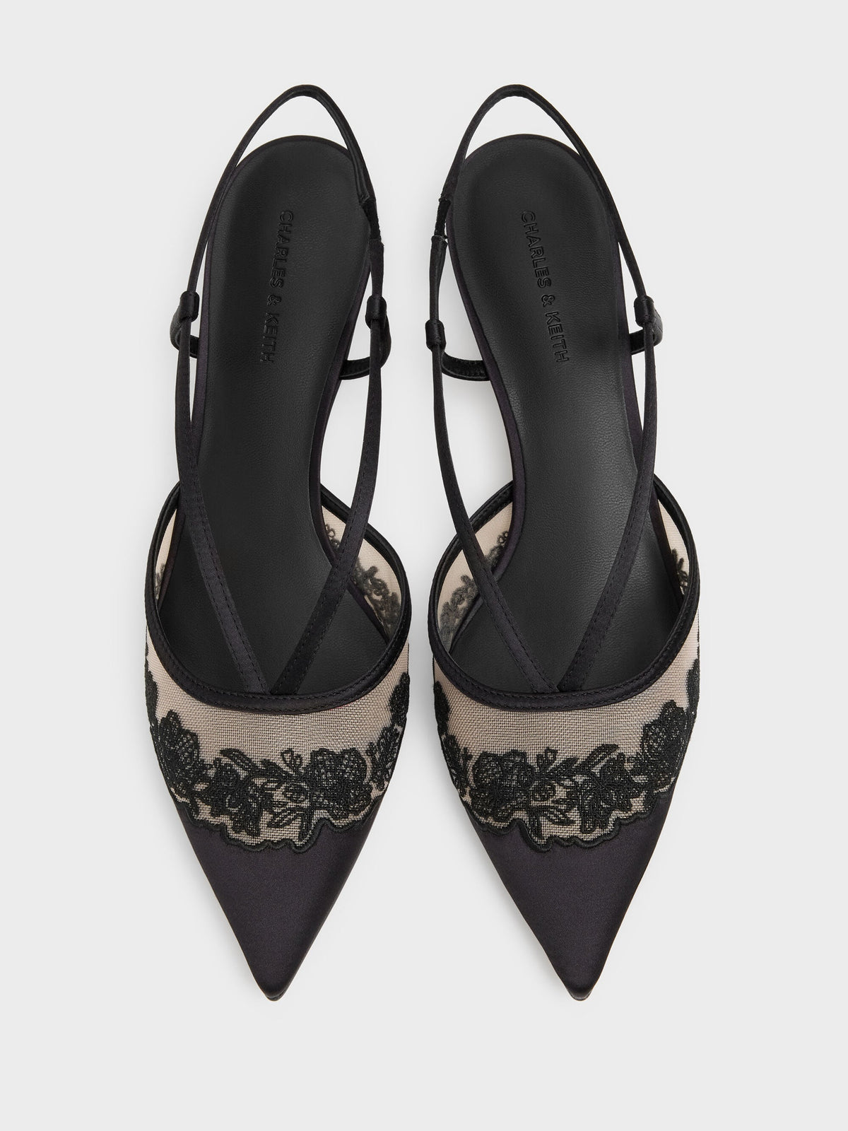 CHARLES & KEITH Everyday / Satin Embroidered-Mesh Slingback Kitten Heels - Black Textured