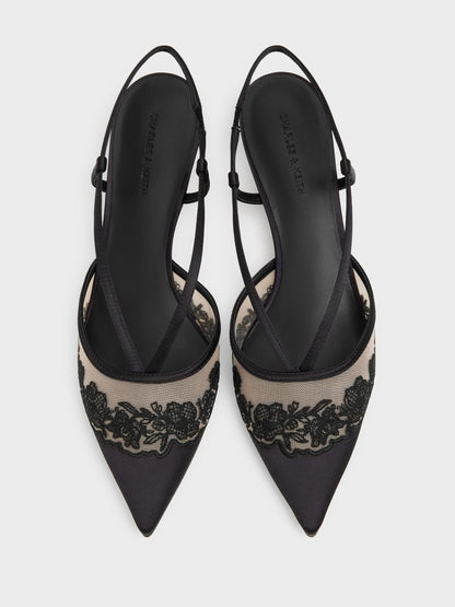 CHARLES & KEITH Everyday / Satin Embroidered-Mesh Slingback Kitten Heels - Black Textured