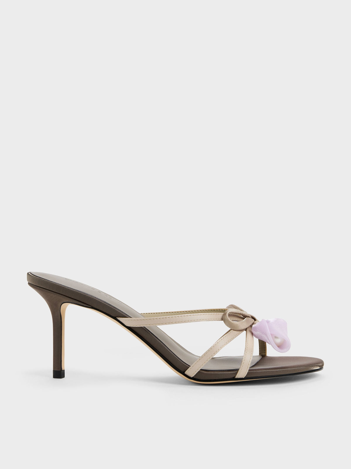 CHARLES & KEITH New / Bow Flower-Pearl Heeled Mules - Dark Brown Textured