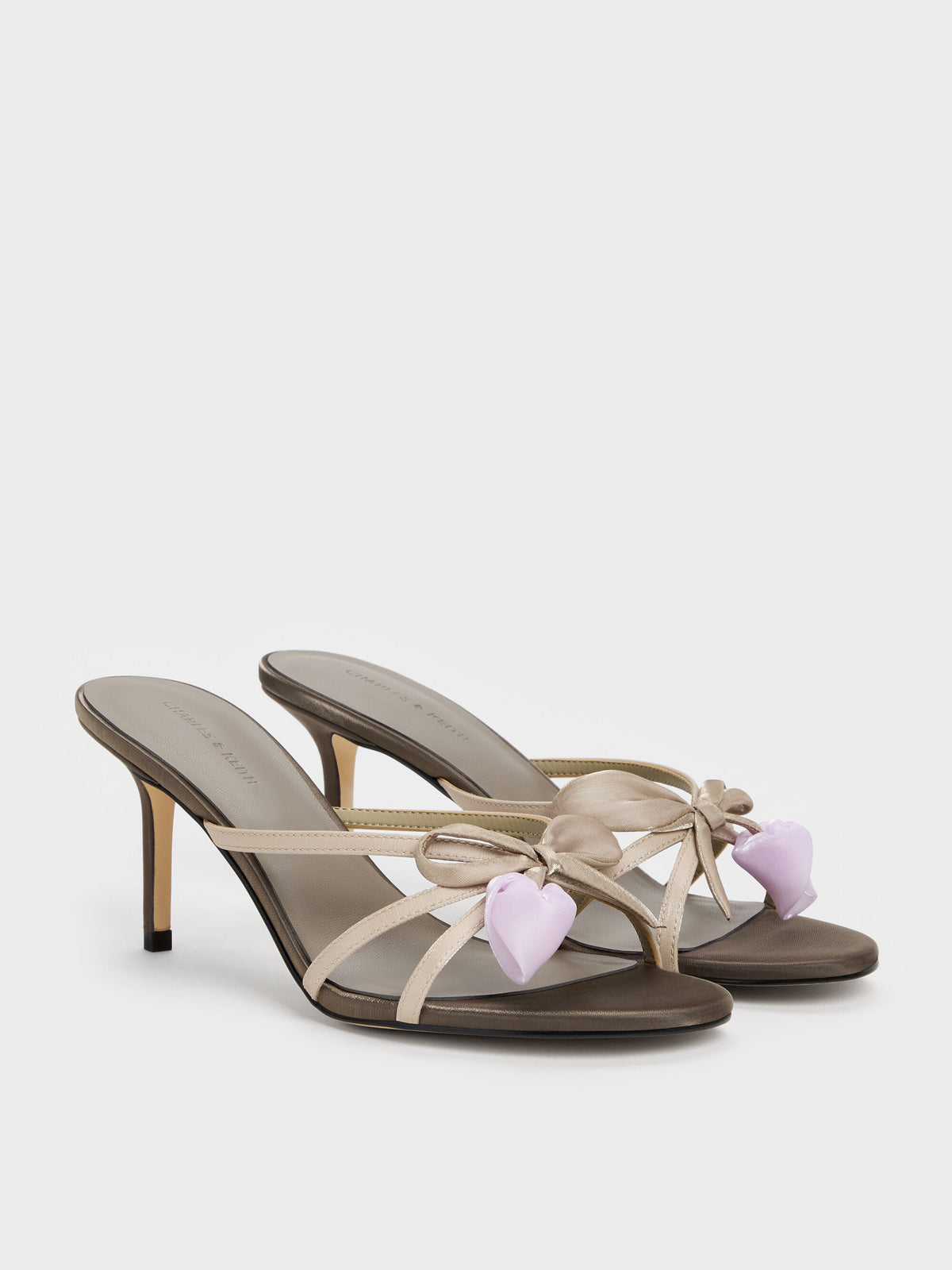 CHARLES & KEITH New / Bow Flower-Pearl Heeled Mules - Dark Brown Textured