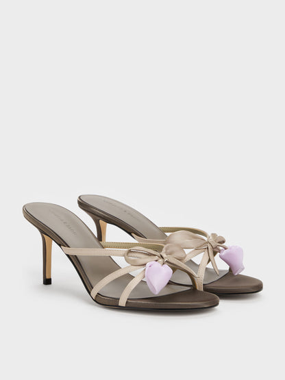 CHARLES & KEITH New / Bow Flower-Pearl Heeled Mules - Dark Brown Textured