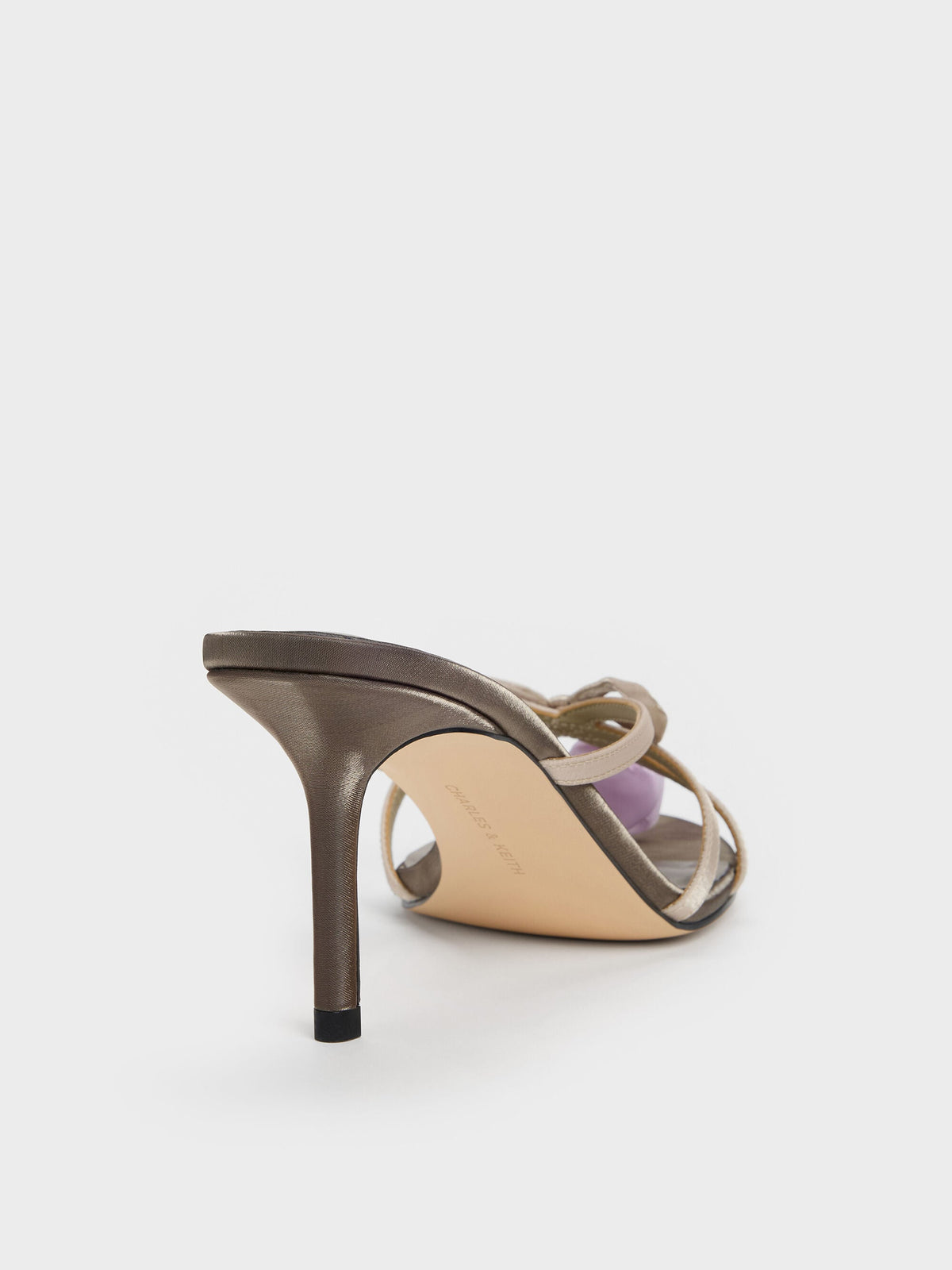 CHARLES & KEITH New / Bow Flower-Pearl Heeled Mules - Dark Brown Textured