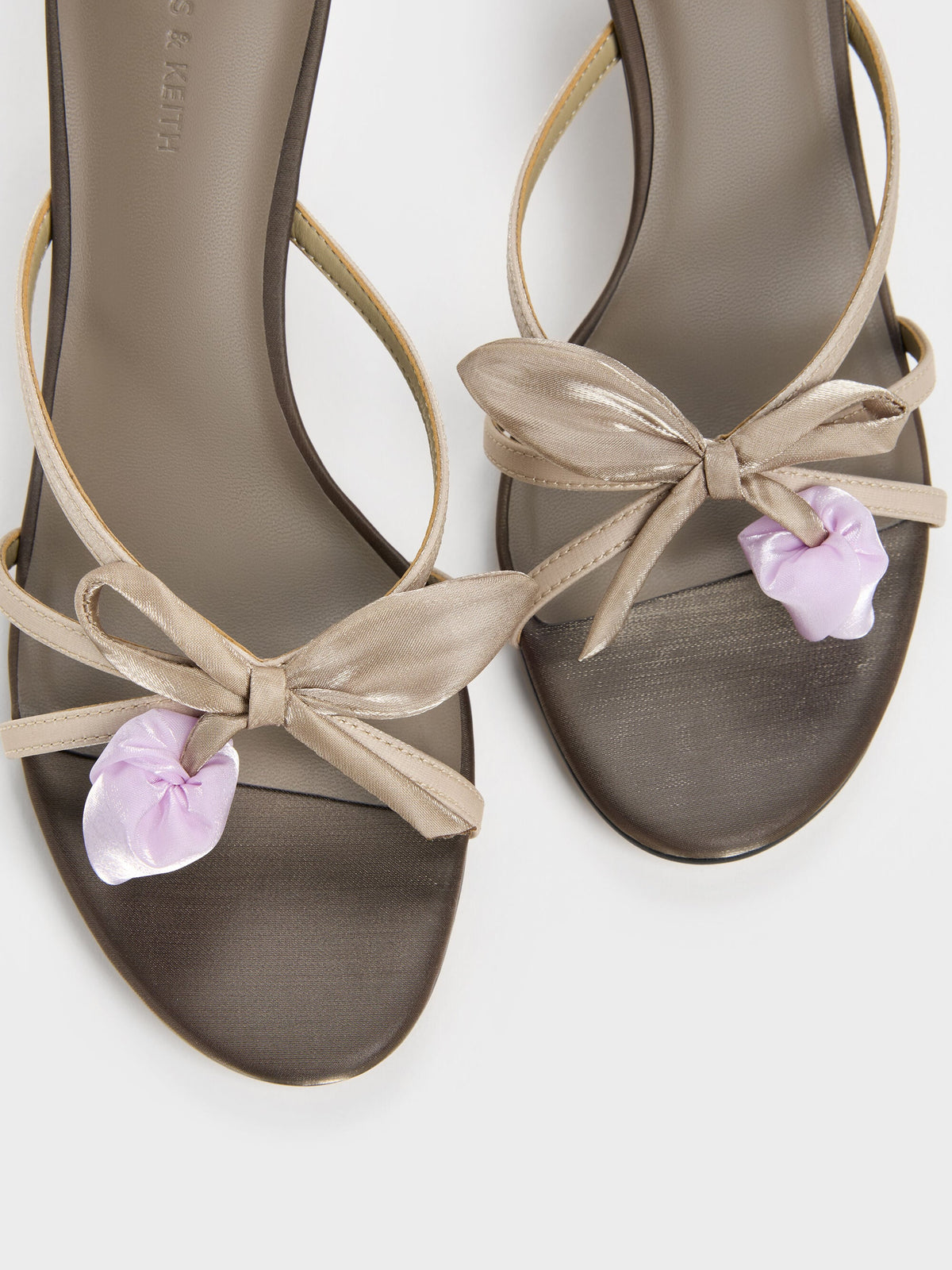 CHARLES & KEITH New / Bow Flower-Pearl Heeled Mules - Dark Brown Textured