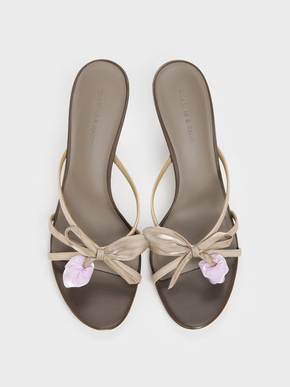CHARLES & KEITH New / Bow Flower-Pearl Heeled Mules - Dark Brown Textured
