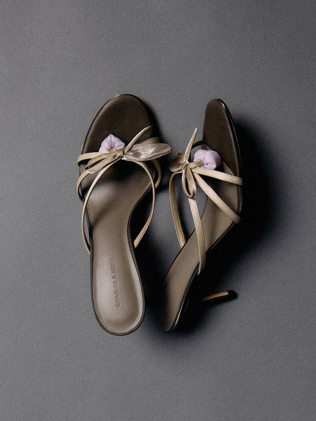 CHARLES & KEITH New / Bow Flower-Pearl Heeled Mules - Dark Brown Textured