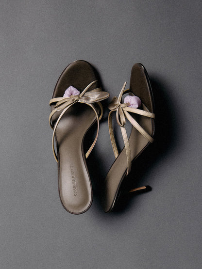 CHARLES & KEITH New / Bow Flower-Pearl Heeled Mules - Dark Brown Textured