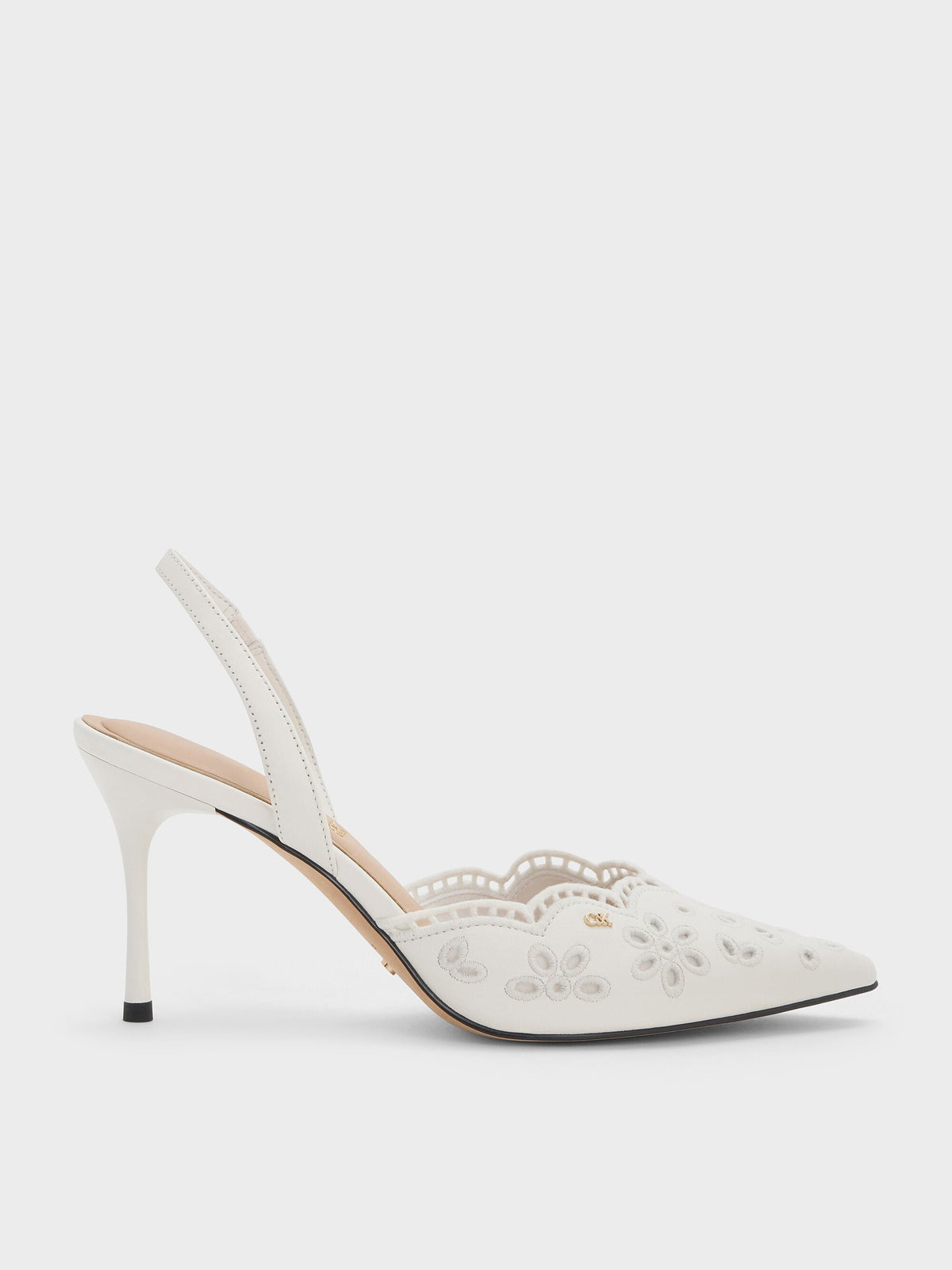 CHARLES & KEITH Recommended / Leather Embroidered Pointed Slingback Pumps - White