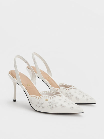 CHARLES & KEITH Recommended / Leather Embroidered Pointed Slingback Pumps - White