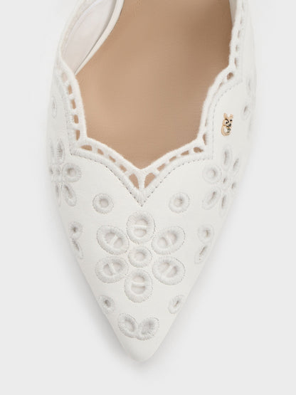 CHARLES & KEITH Recommended / Leather Embroidered Pointed Slingback Pumps - White