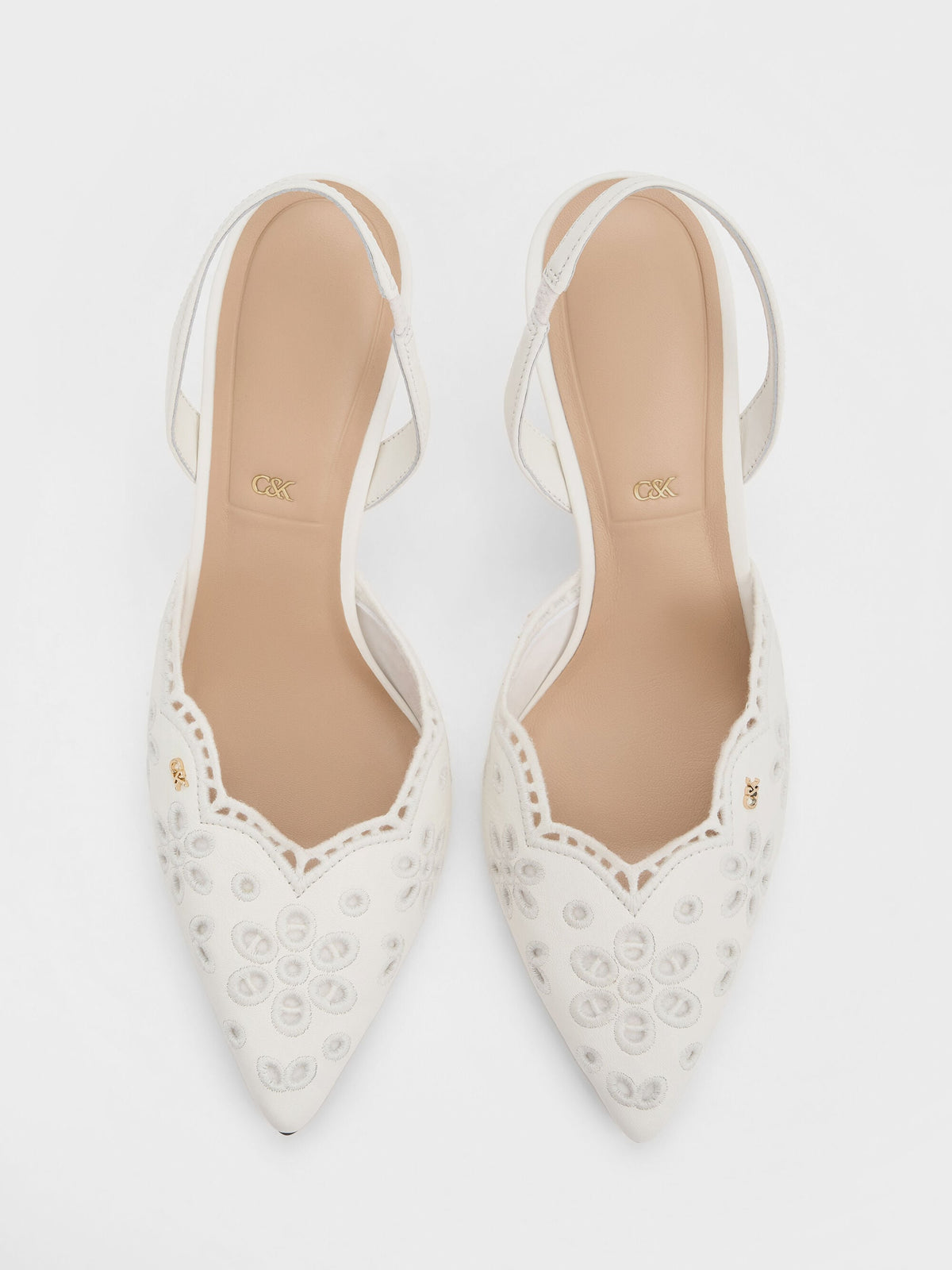 CHARLES & KEITH Recommended / Leather Embroidered Pointed Slingback Pumps - White