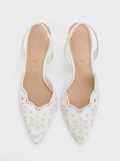 CHARLES & KEITH Recommended / Leather Embroidered Pointed Slingback Pumps - White