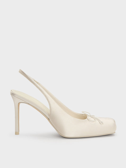 CHARLES & KEITH Value / Satin Ruched Stiletto Slingback Pumps - Chalk