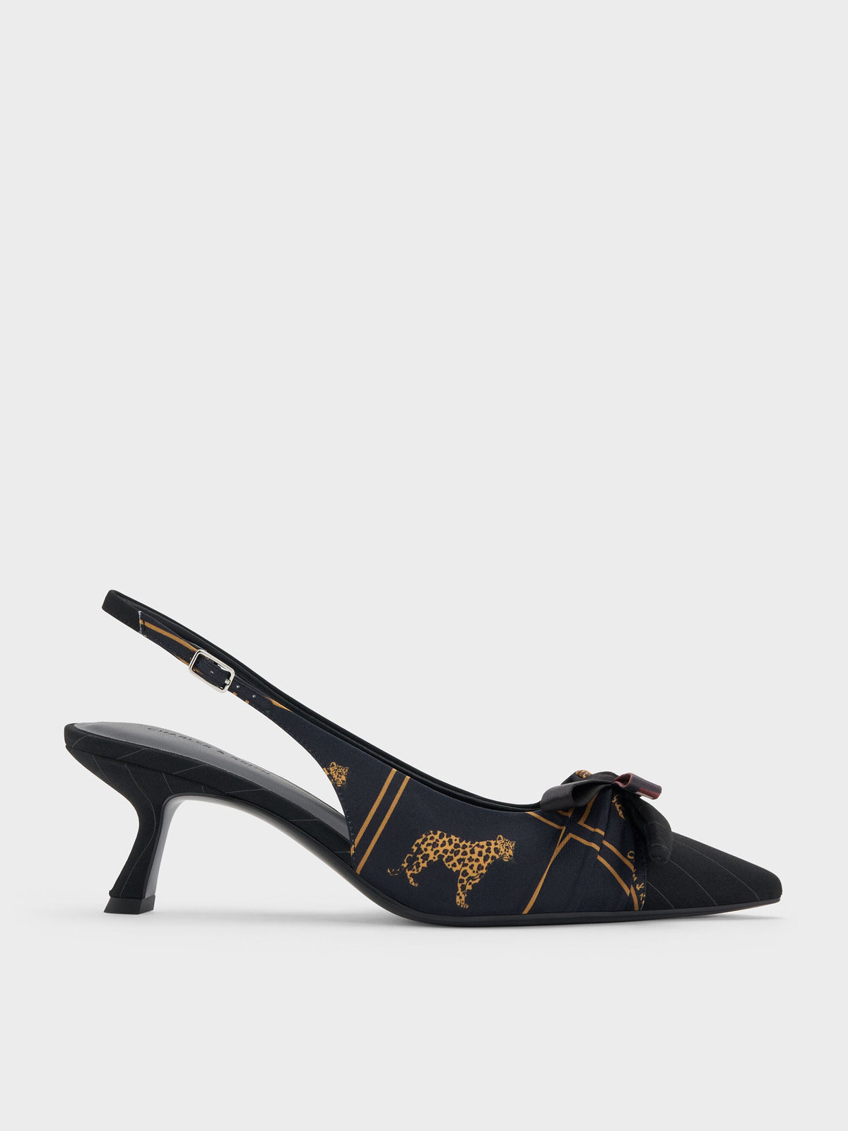 CHARLES & KEITH Recommended / Satin Printed-Bow Pointed Slingback Pumps - Black Textured