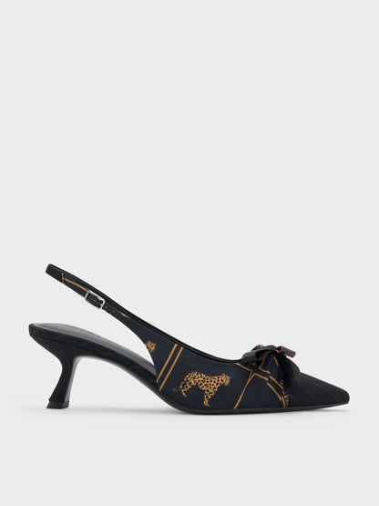 CHARLES & KEITH Recommended / Satin Printed-Bow Pointed Slingback Pumps - Black Textured