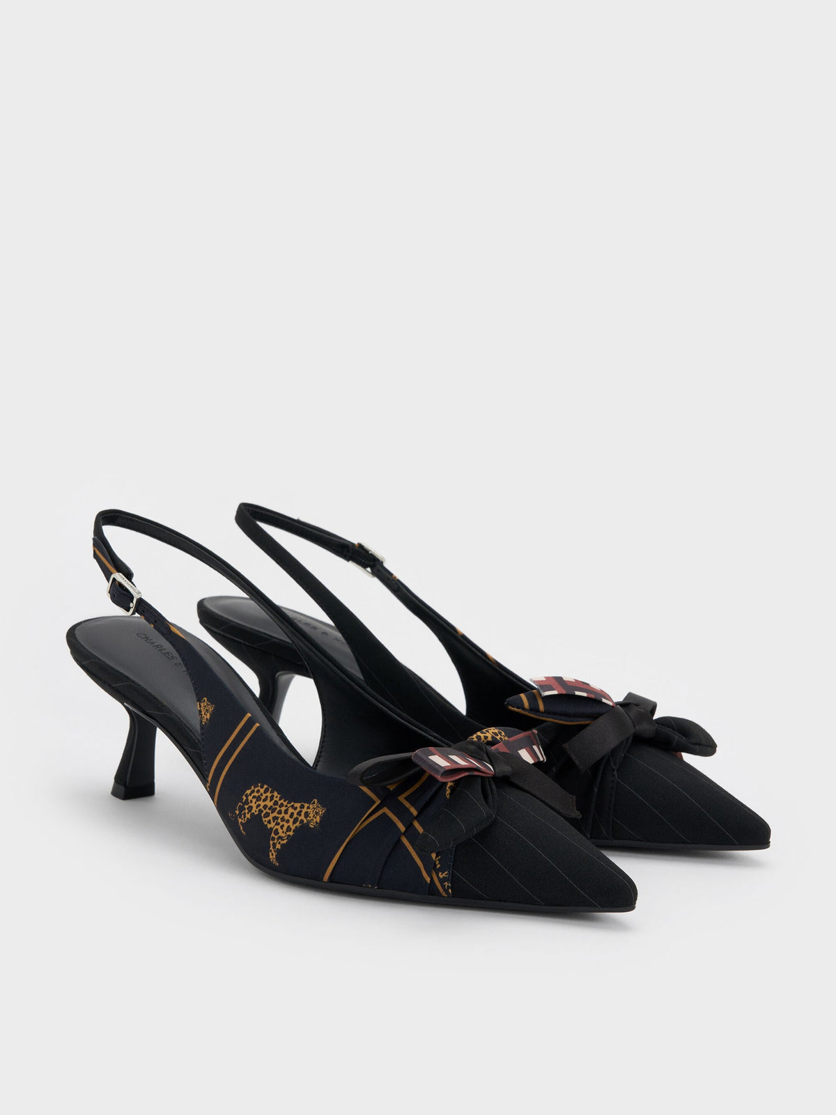 CHARLES & KEITH Recommended / Satin Printed-Bow Pointed Slingback Pumps - Black Textured