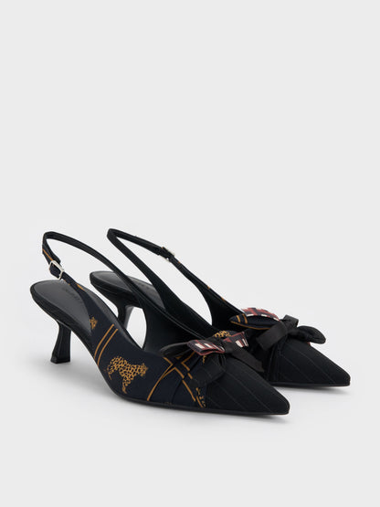 CHARLES & KEITH Recommended / Satin Printed-Bow Pointed Slingback Pumps - Black Textured