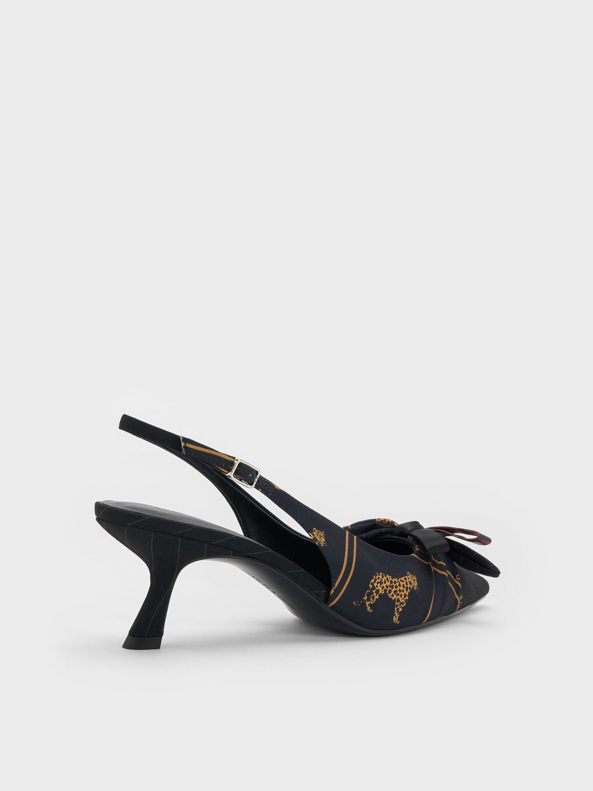 CHARLES & KEITH Recommended / Satin Printed-Bow Pointed Slingback Pumps - Black Textured