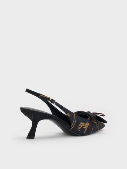 CHARLES & KEITH Recommended / Satin Printed-Bow Pointed Slingback Pumps - Black Textured