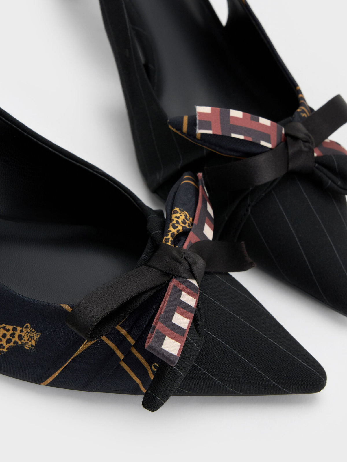 CHARLES & KEITH Recommended / Satin Printed-Bow Pointed Slingback Pumps - Black Textured