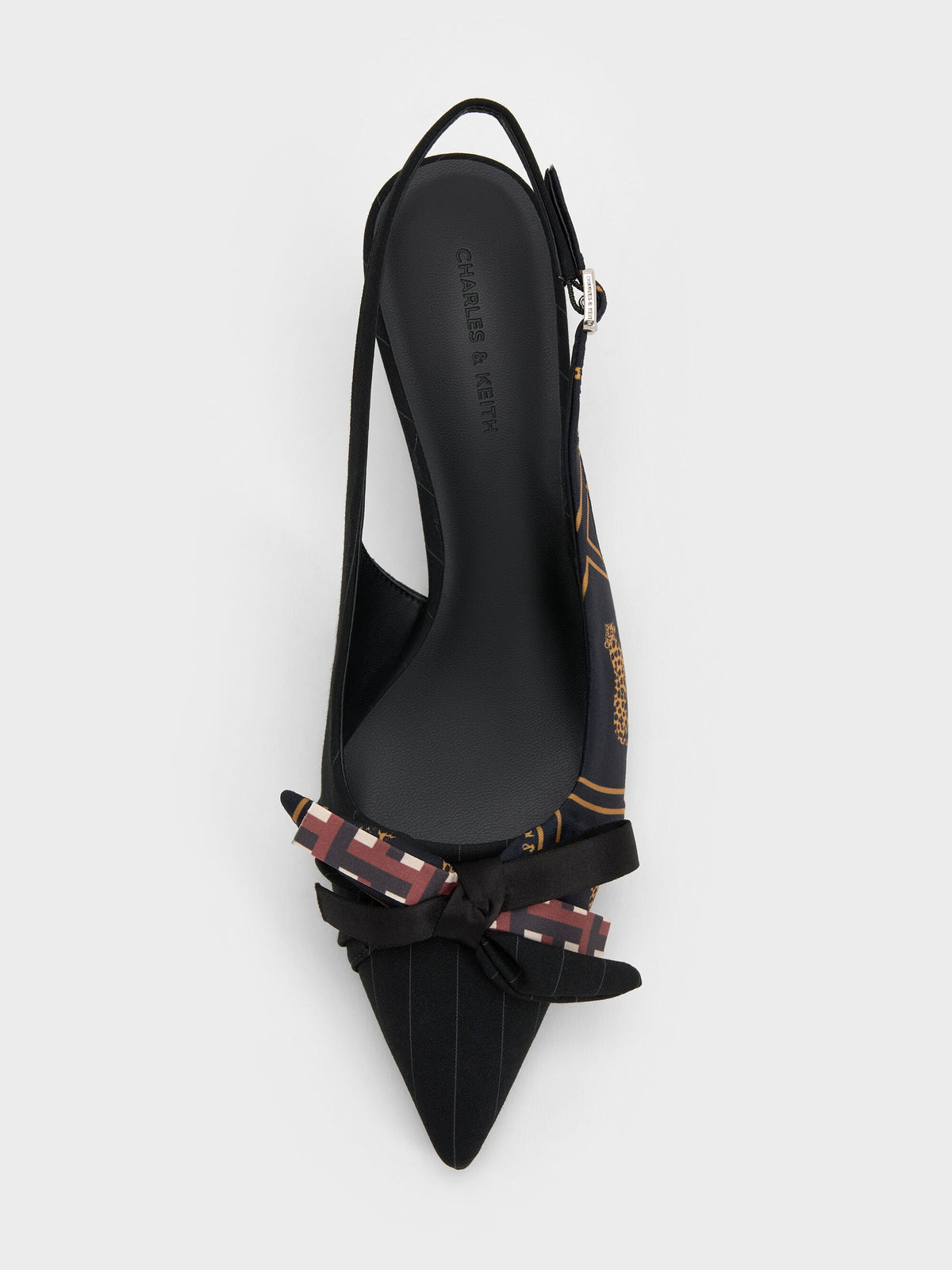 CHARLES & KEITH Recommended / Satin Printed-Bow Pointed Slingback Pumps - Black Textured