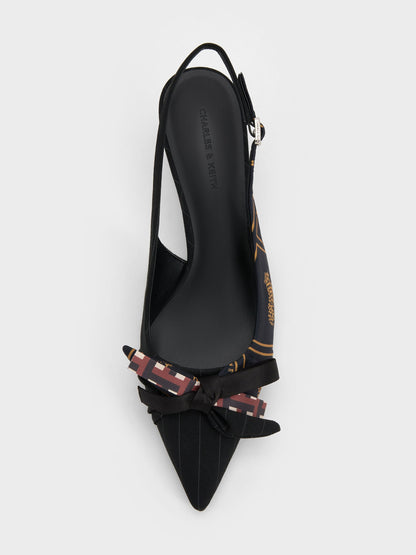 CHARLES & KEITH Recommended / Satin Printed-Bow Pointed Slingback Pumps - Black Textured