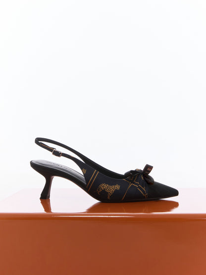 CHARLES & KEITH Recommended / Satin Printed-Bow Pointed Slingback Pumps - Black Textured