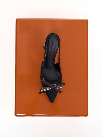CHARLES & KEITH Recommended / Satin Printed-Bow Pointed Slingback Pumps - Black Textured
