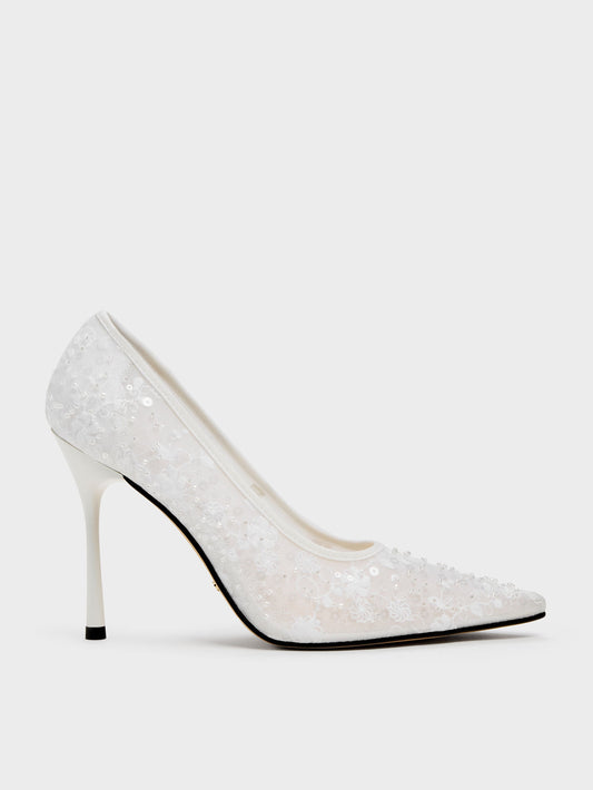CHARLES & KEITH Customer Favorite / Kyra Embroidered-Mesh Stiletto Pumps - White
