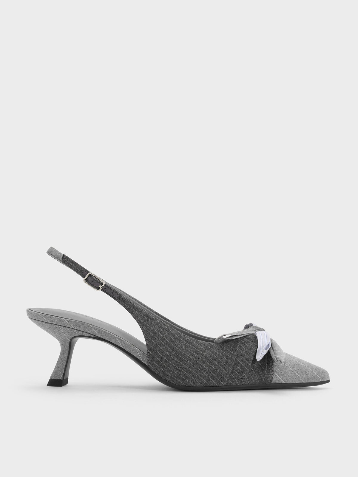 CHARLES & KEITH Great Value / Striped Knot-Bow Pointed Slingback Pumps - Grey