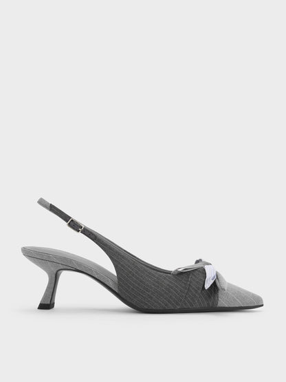 CHARLES & KEITH Great Value / Striped Knot-Bow Pointed Slingback Pumps - Grey