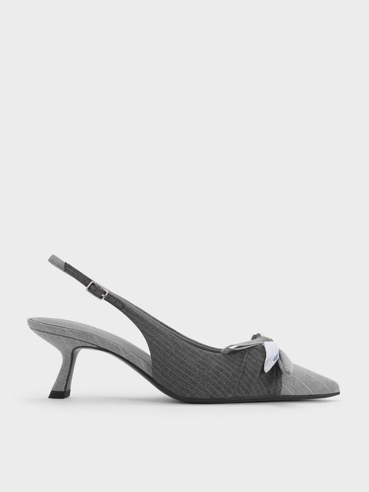 CHARLES & KEITH Great Value / Striped Knot-Bow Pointed Slingback Pumps - Grey