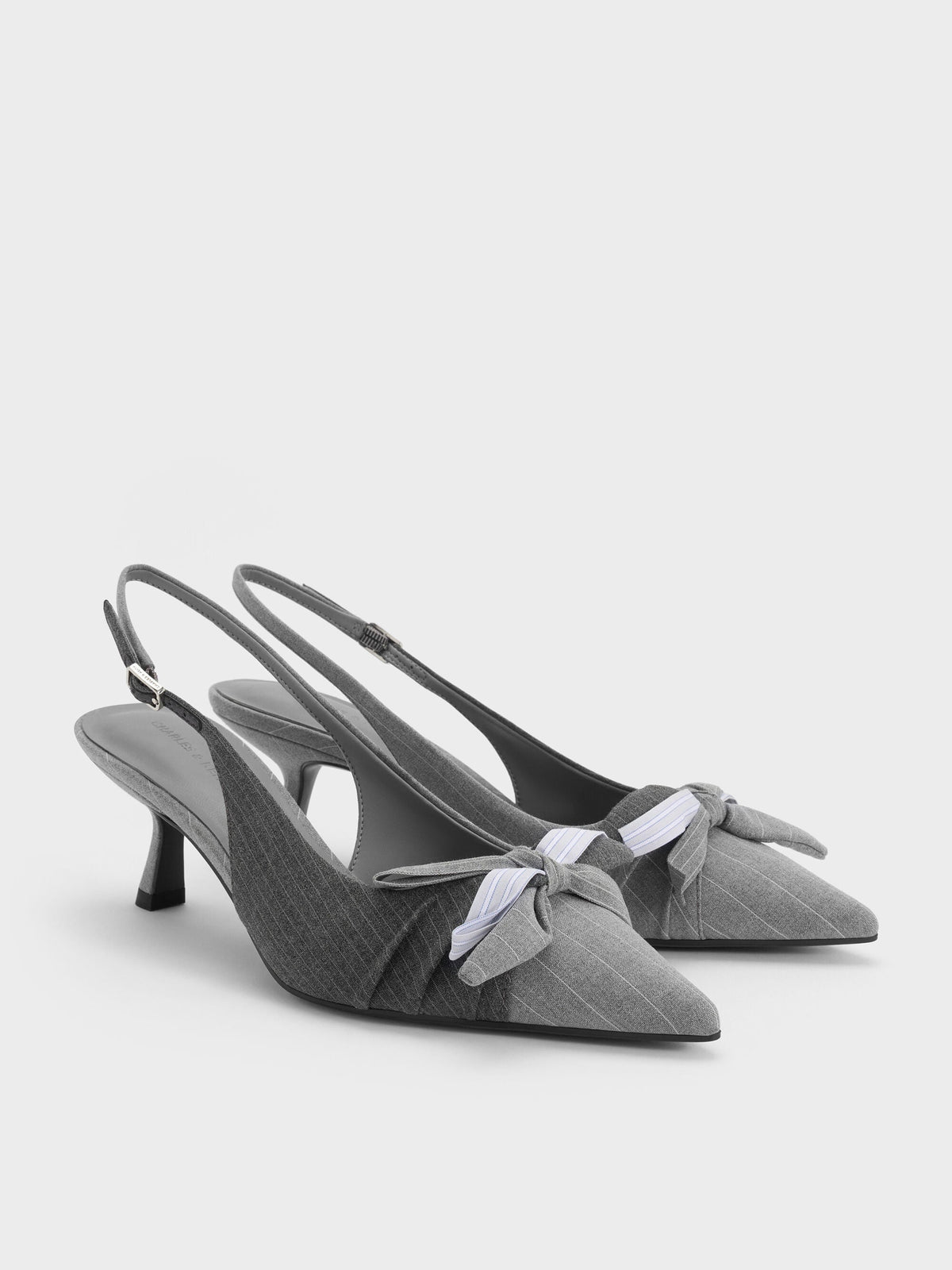 CHARLES & KEITH Great Value / Striped Knot-Bow Pointed Slingback Pumps - Grey