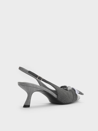 CHARLES & KEITH Great Value / Striped Knot-Bow Pointed Slingback Pumps - Grey