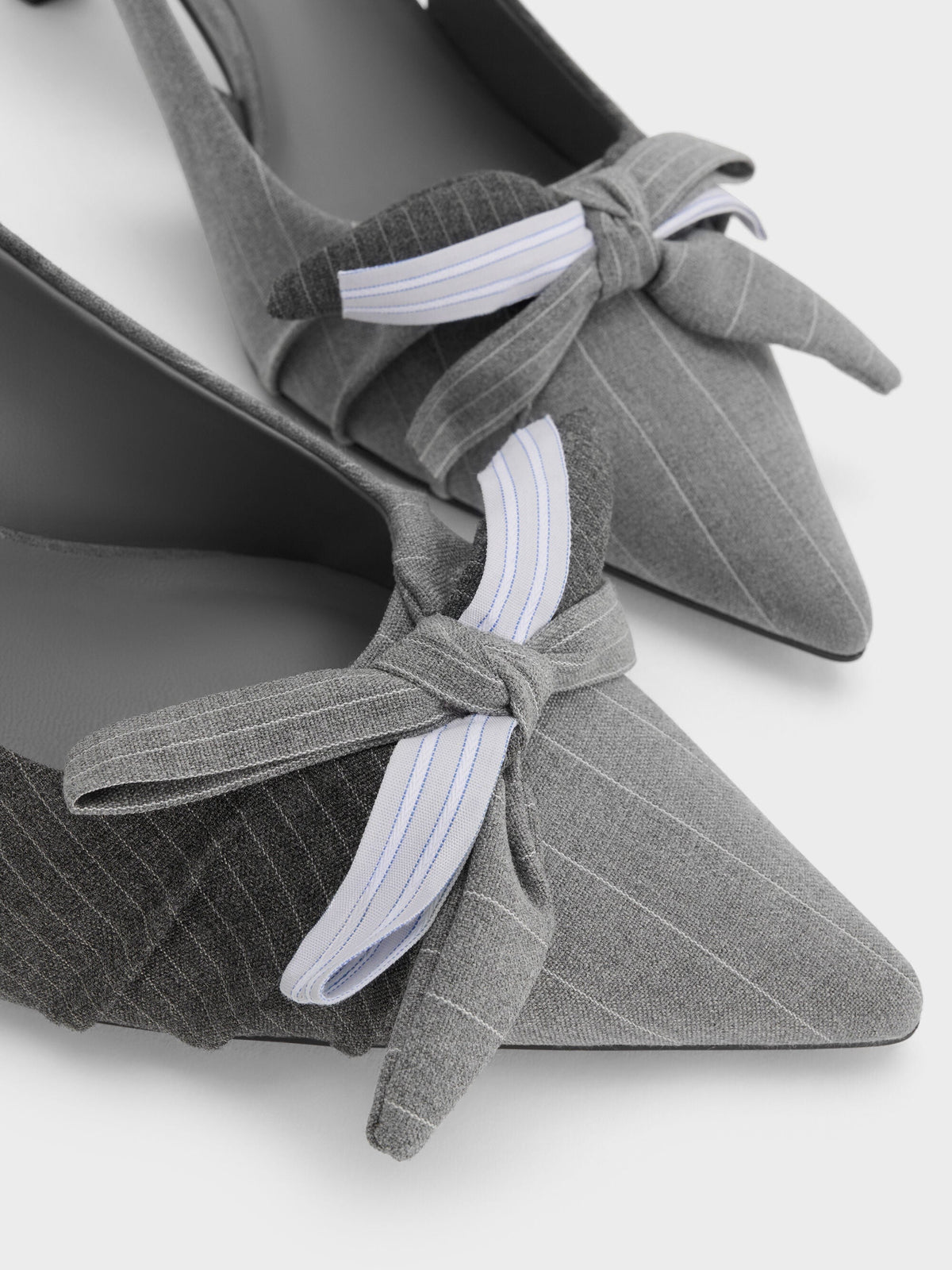 CHARLES & KEITH Great Value / Striped Knot-Bow Pointed Slingback Pumps - Grey