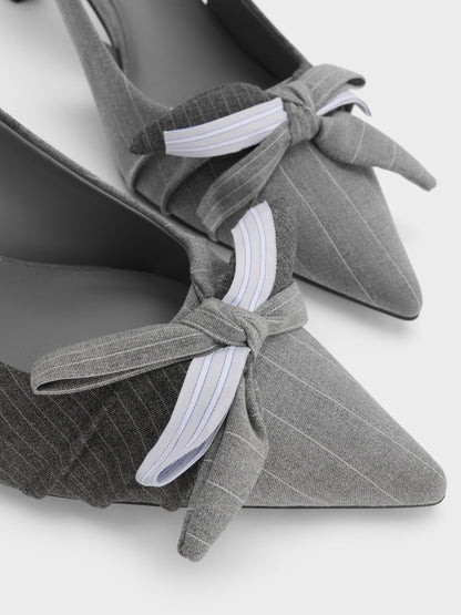 CHARLES & KEITH Great Value / Striped Knot-Bow Pointed Slingback Pumps - Grey