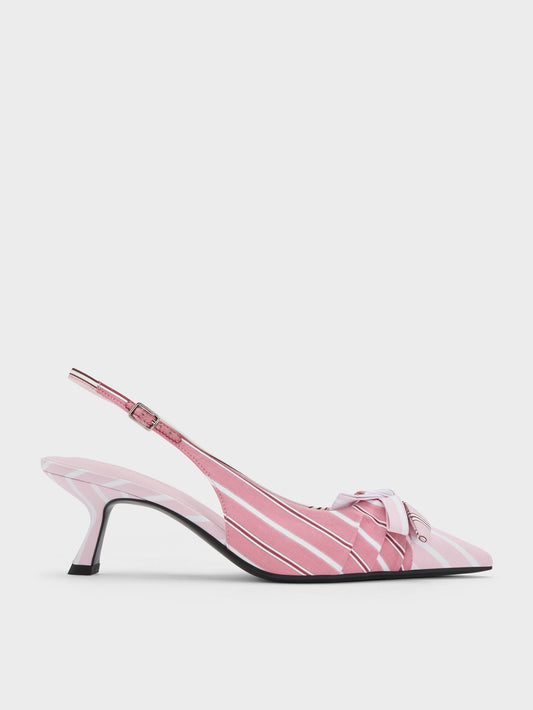 CHARLES & KEITH Deals / Striped Knot-Bow Pointed Slingback Pumps - Light Pink