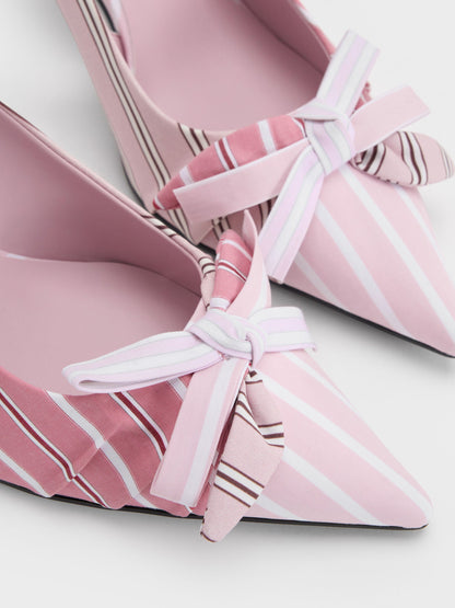 CHARLES & KEITH Deals / Striped Knot-Bow Pointed Slingback Pumps - Light Pink