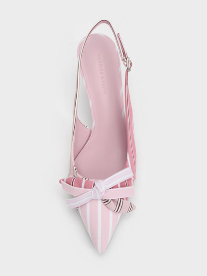 CHARLES & KEITH Deals / Striped Knot-Bow Pointed Slingback Pumps - Light Pink
