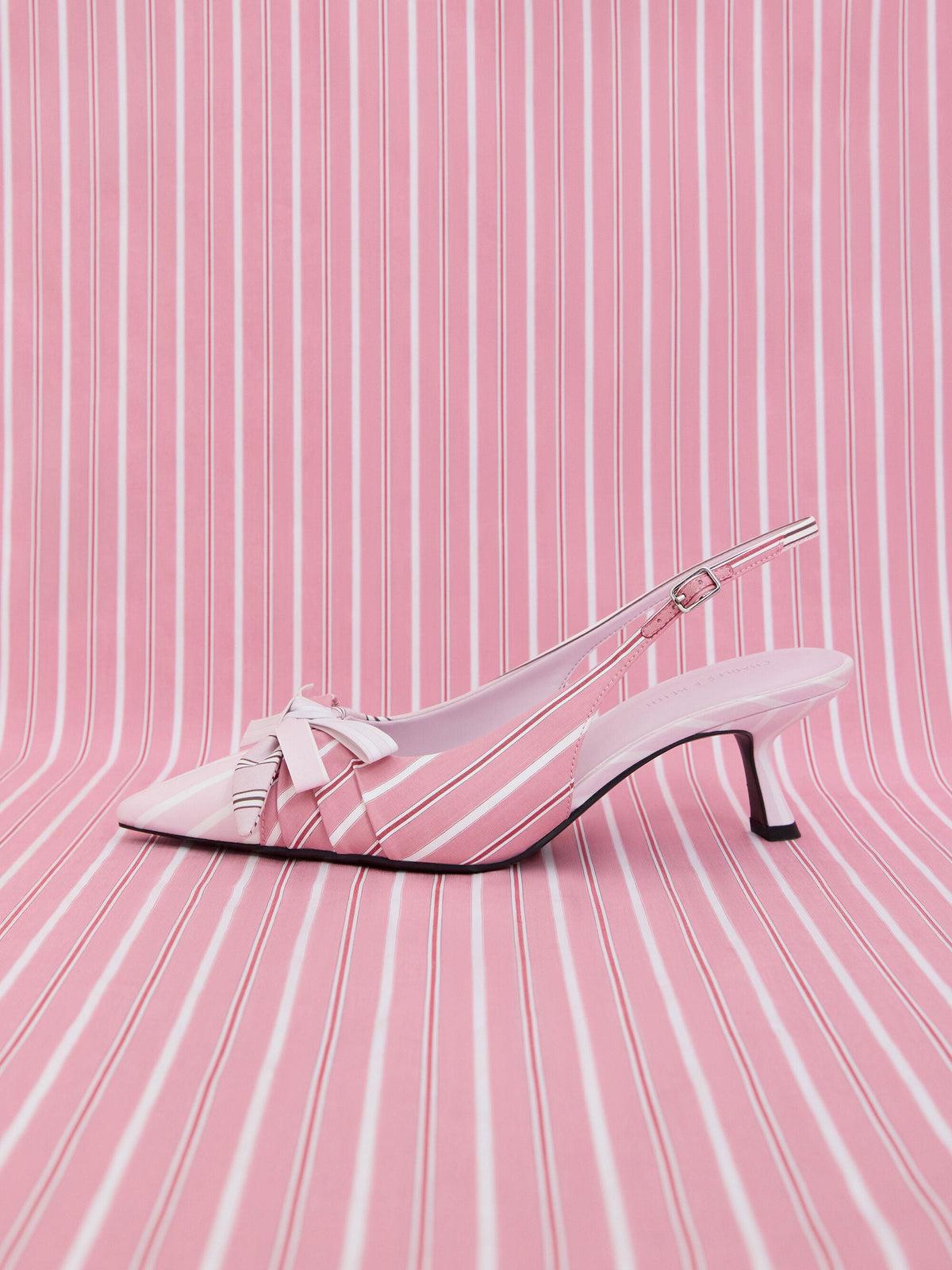 CHARLES & KEITH Deals / Striped Knot-Bow Pointed Slingback Pumps - Light Pink