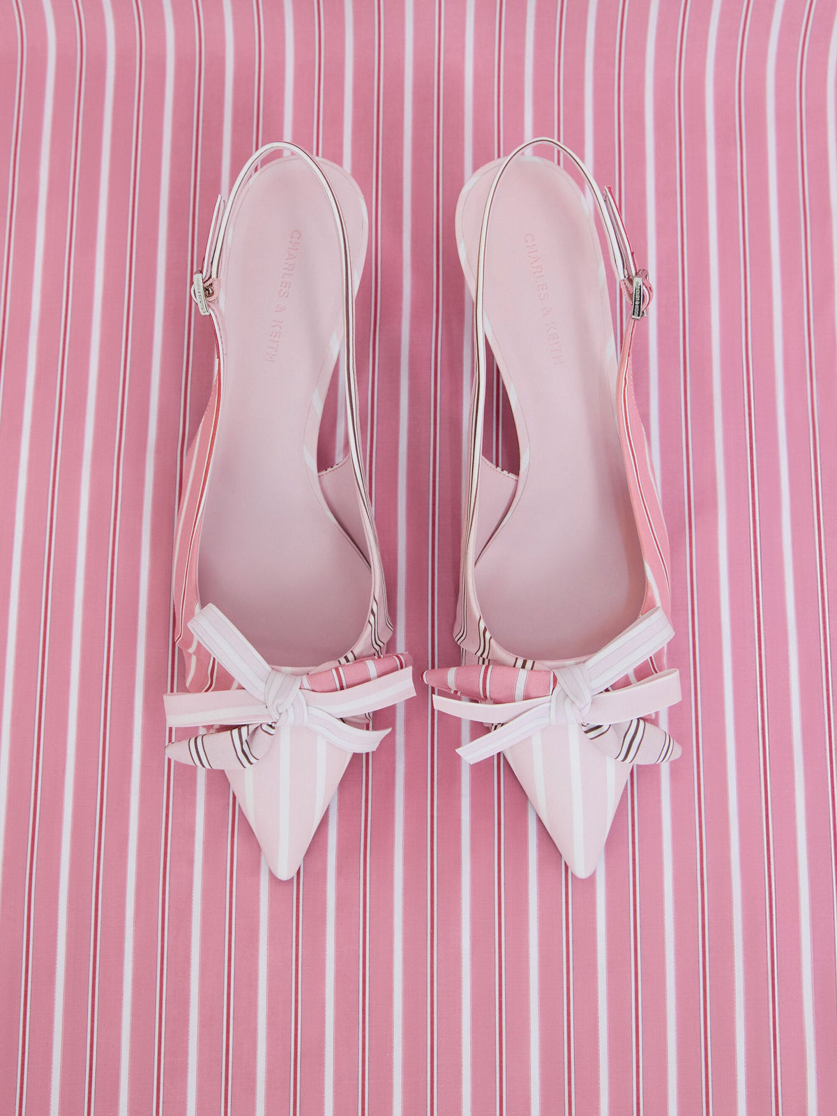 CHARLES & KEITH Deals / Striped Knot-Bow Pointed Slingback Pumps - Light Pink