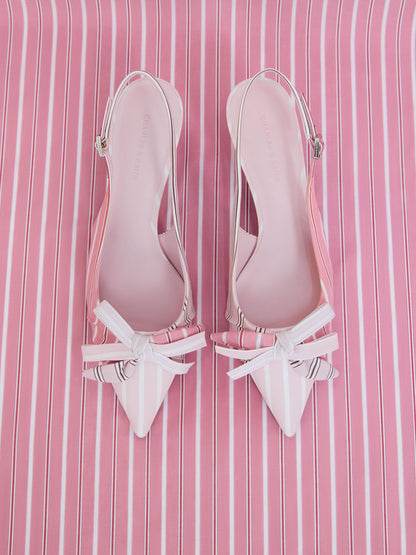 CHARLES & KEITH Deals / Striped Knot-Bow Pointed Slingback Pumps - Light Pink