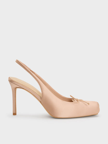 CHARLES & KEITH Best Seller / Satin Ruched Stiletto Slingback Pumps - Nude